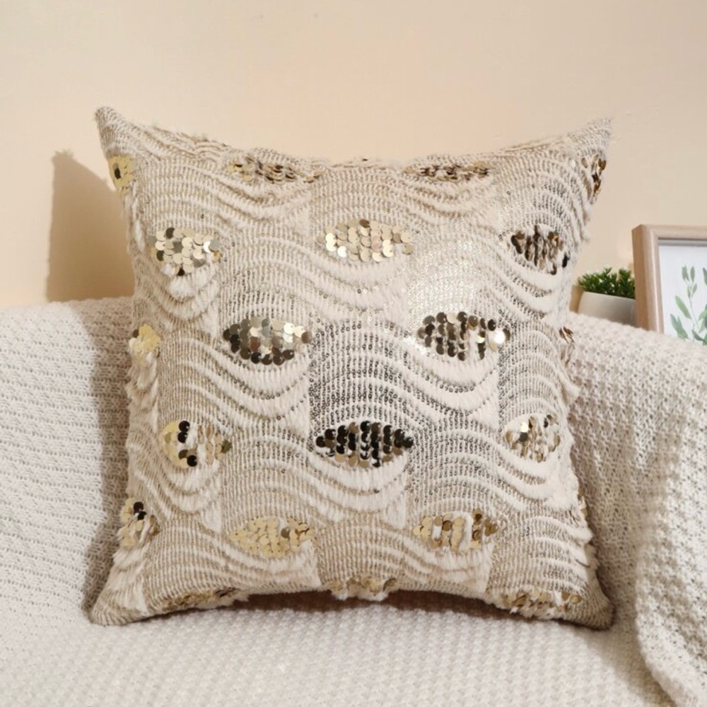 Boho Gold Sequin Pillow Cover, 18x18, Textured Wavy Pattern